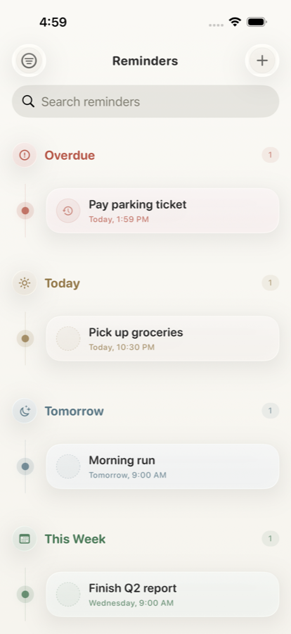 Remylo reminder list showing an overdue task and upcoming reminders